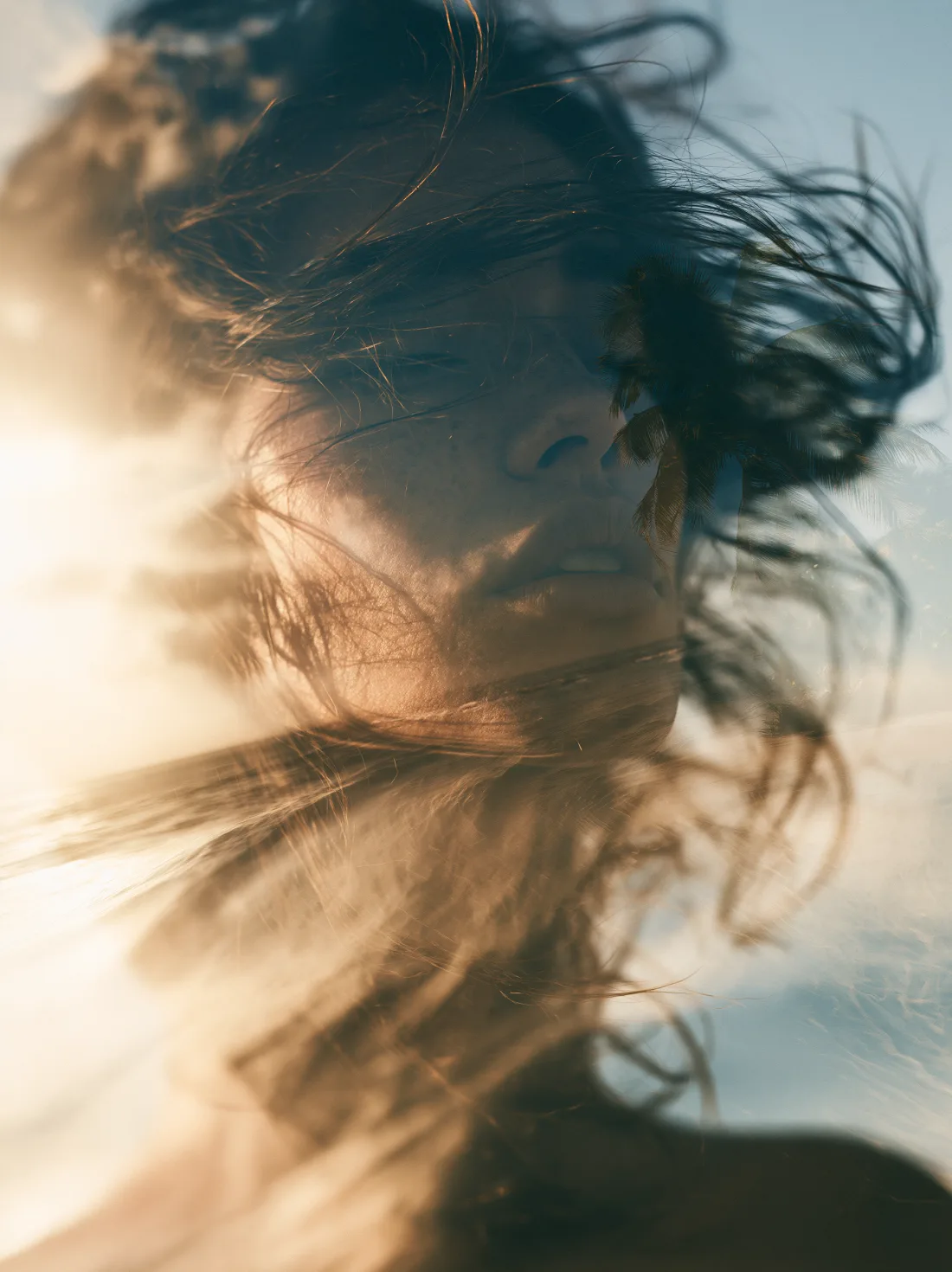 A resting face gently overlaid with palms, sunlight and clouds